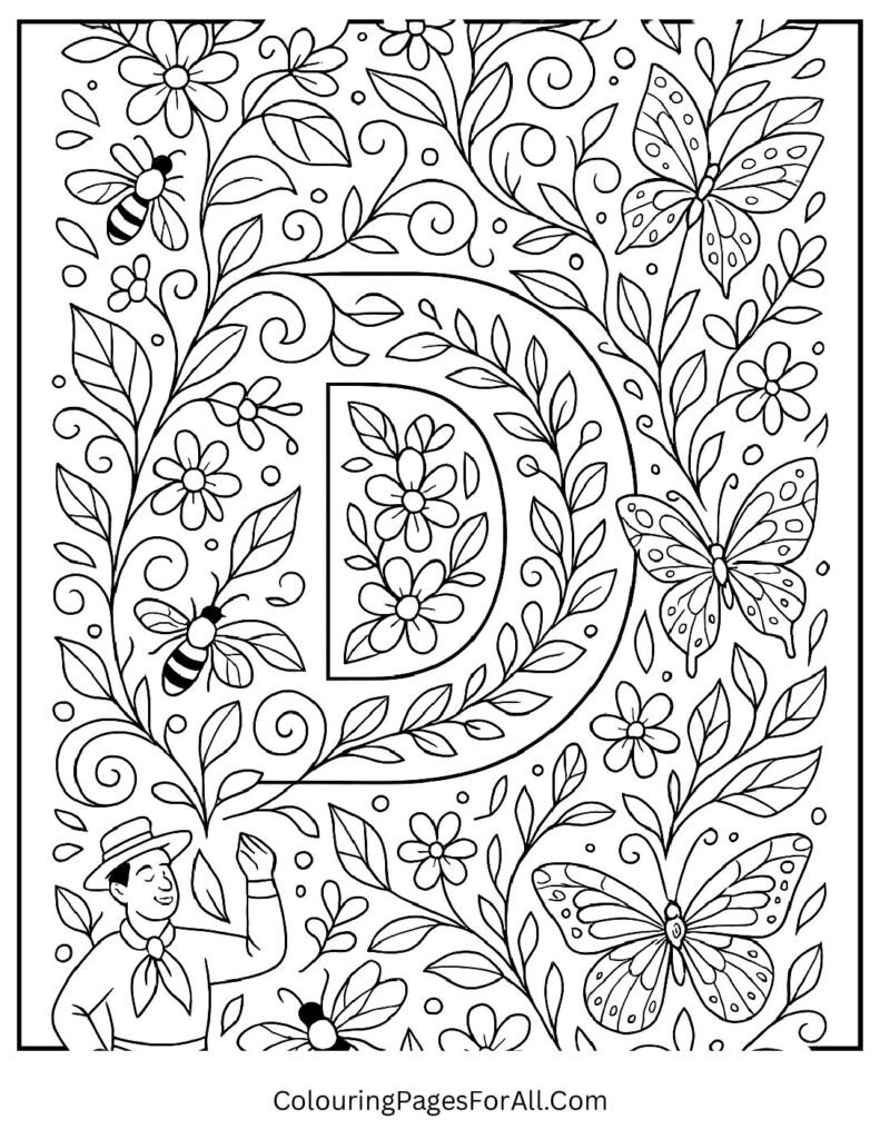 Letter D garden-themed coloring page with flowers, butterflies, bees, twisting vines; fun nature printable for kids