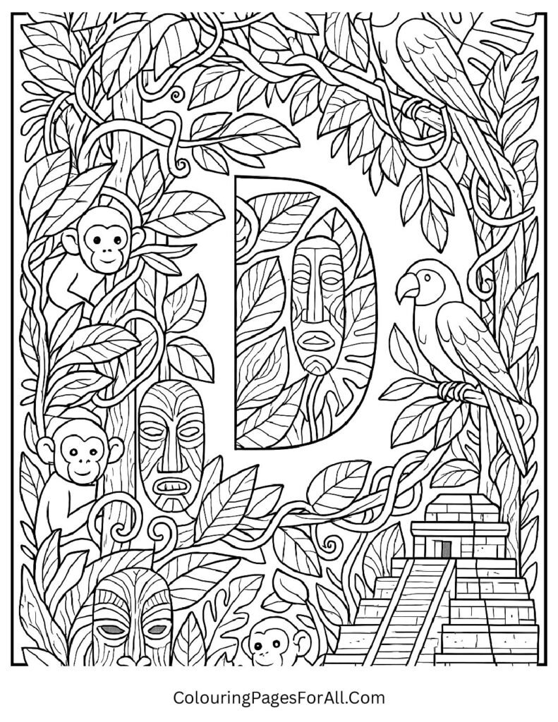 Letter D hidden in jungle with exotic animals, vines, ancient ruins; nature-inspired kids coloring sheet