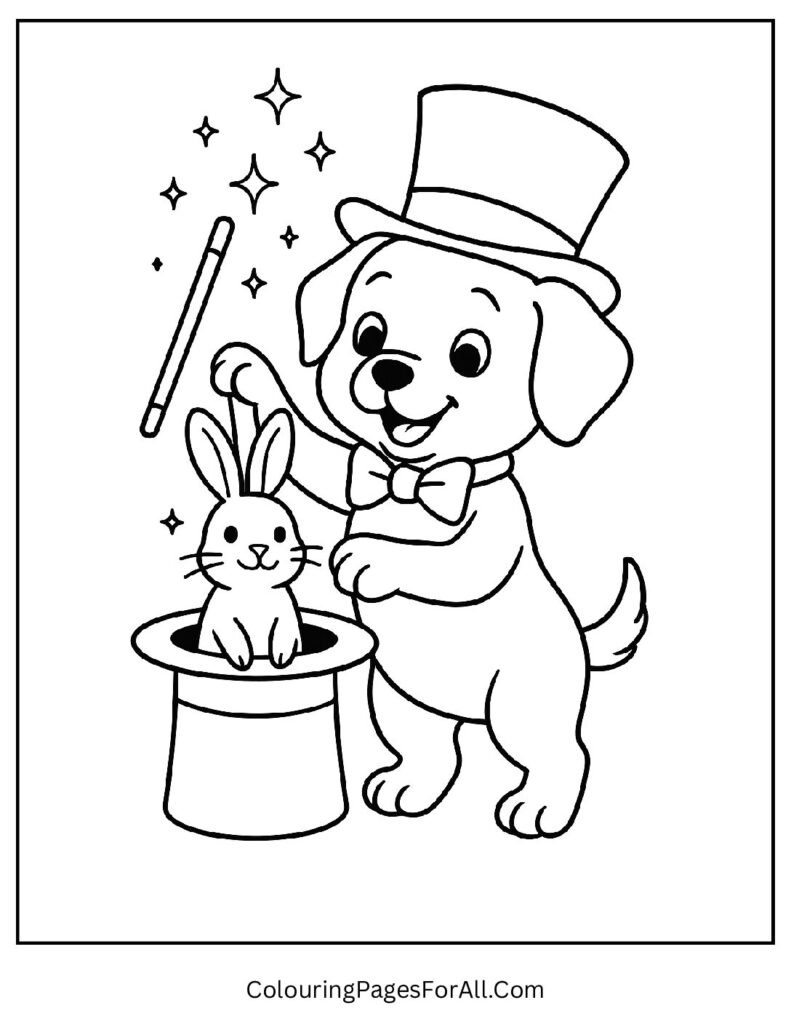 Magician puppy pulling rabbit from hat with magic wand