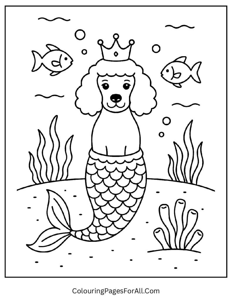 Mermaid dog swimming with fish under the sea coloring page