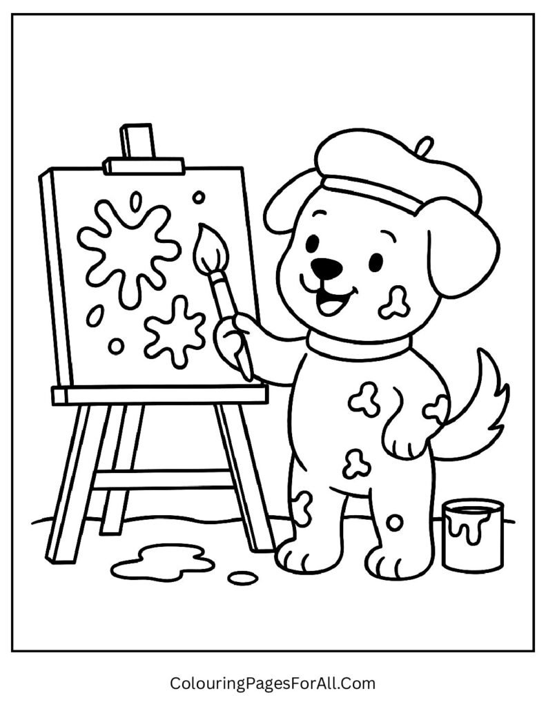 Painter puppy with splattered paws and canvas masterpiece