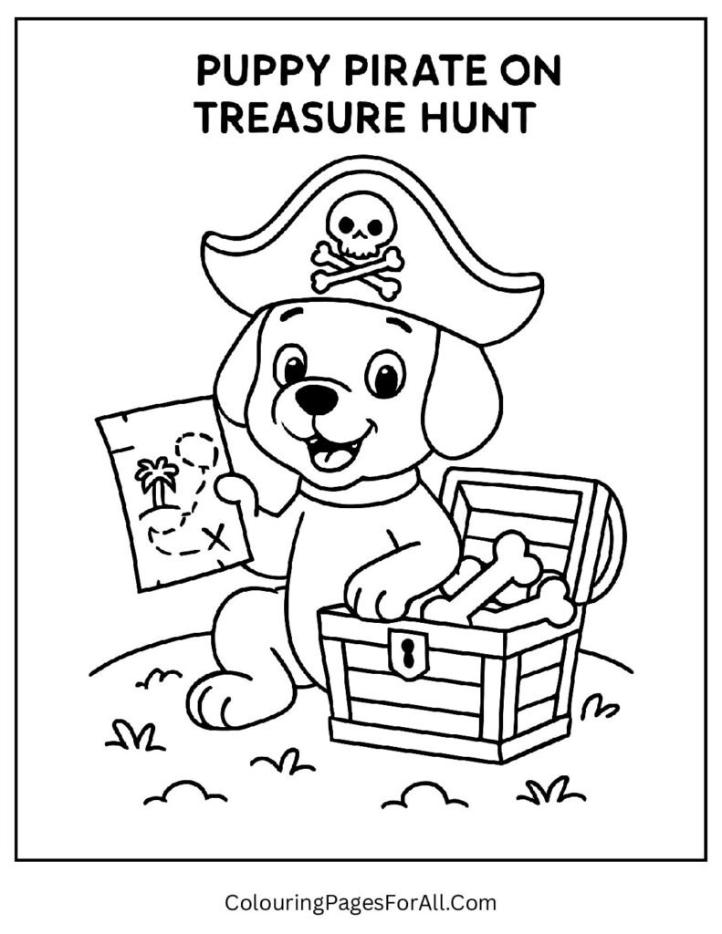 Pirate dog finding treasure on island with treasure map