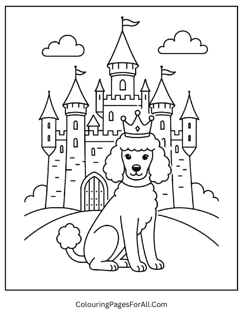 Princess poodle in front of a fairytale castle dog coloring page