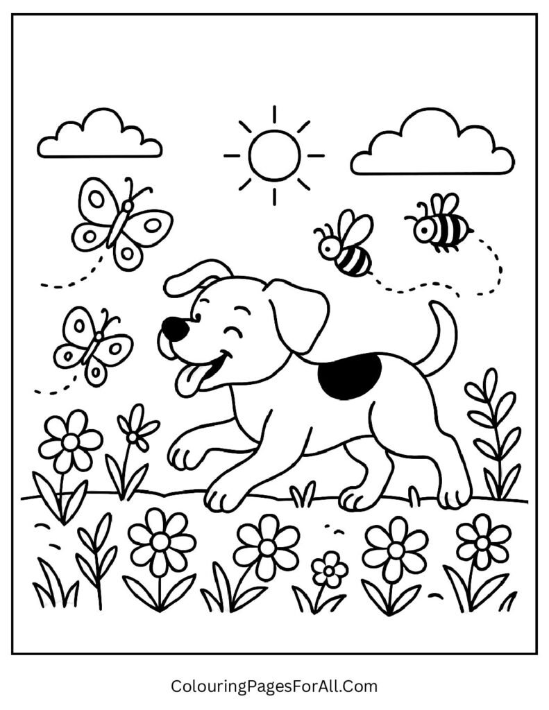Puppy chasing butterflies in spring flower field scene