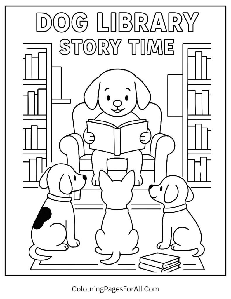 Puppy reading storybooks in cozy dog library coloring page