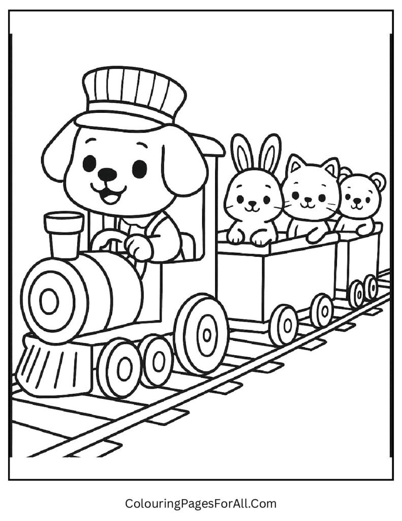 Puppy train conductor driving cute animal-filled train