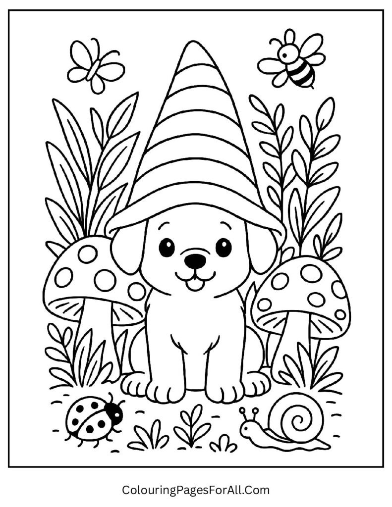 Puppy with gnome hat playing in a garden with mushrooms