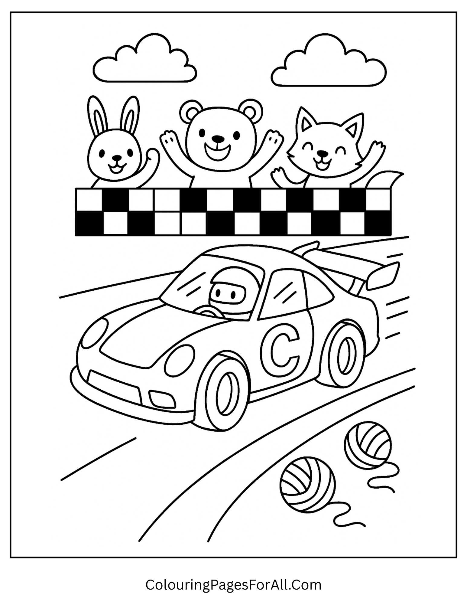 Racing car coloring page for kids with the letter C on the door and speed track background