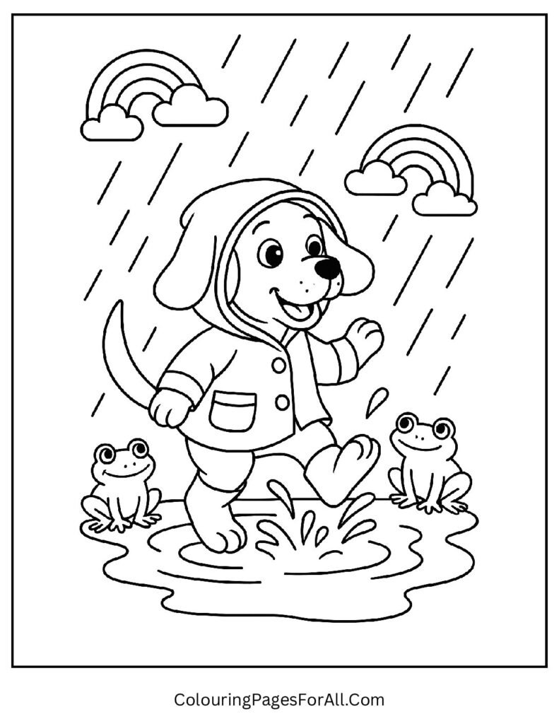 Raincoat puppy splashing in puddles with rainbow background