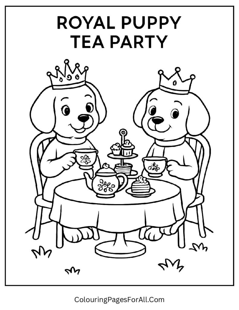Royal tea party with puppies sipping tea and eating cakes
