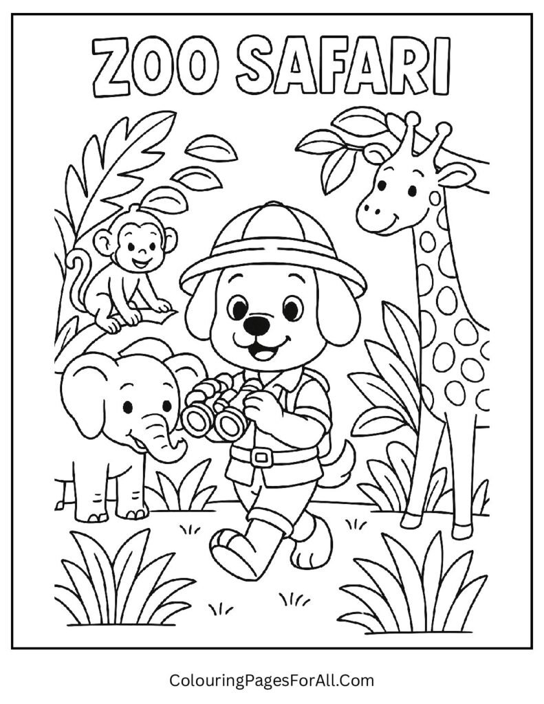 Safari explorer dog with binoculars in jungle adventure scene
