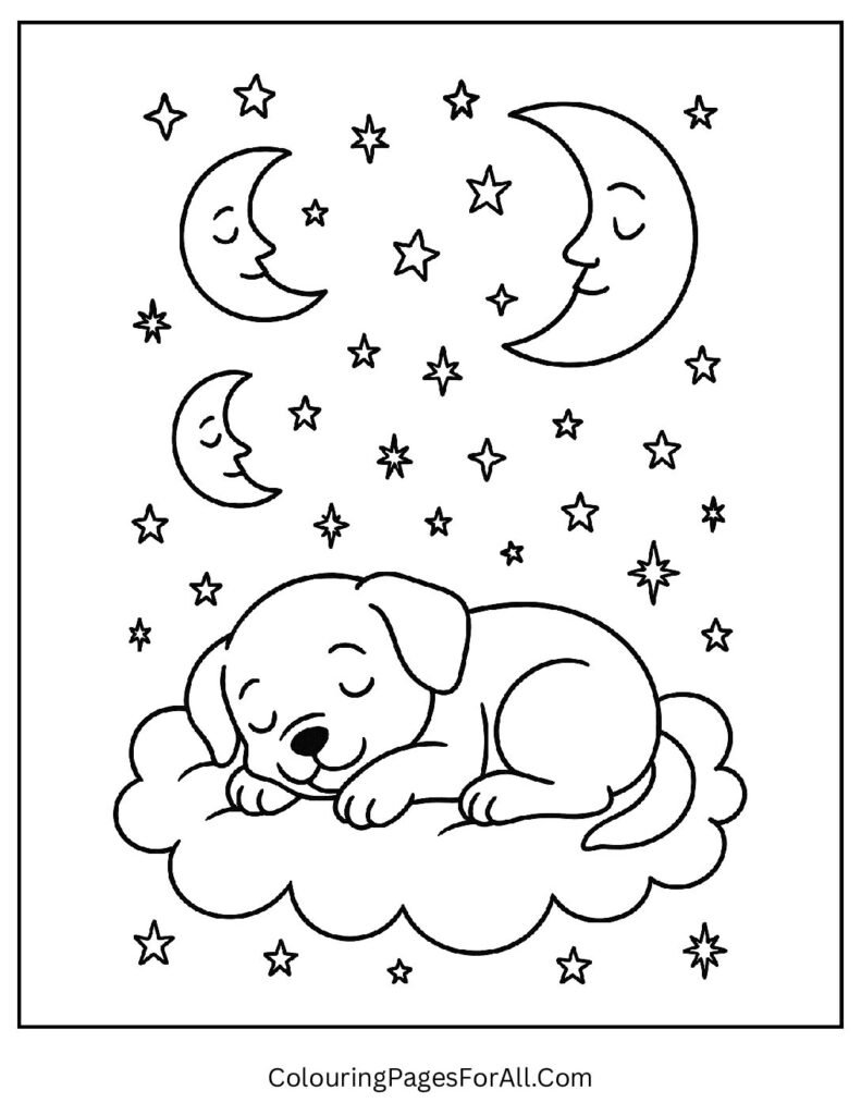 Sleeping puppy dreaming under starry sky bedtime coloring page