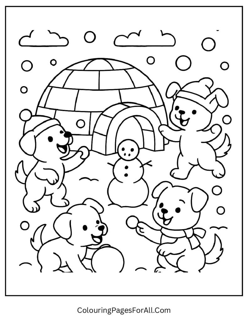 Snow puppies having snowball fight near icy igloo