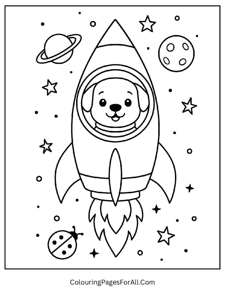 Space dog flying rocket ship with stars and planets around