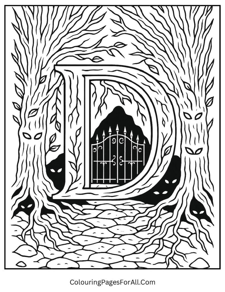 Spooky forest dungeon Letter D coloring page with twisted trees, stone paths, glowing eyes; fantasy printable for kids