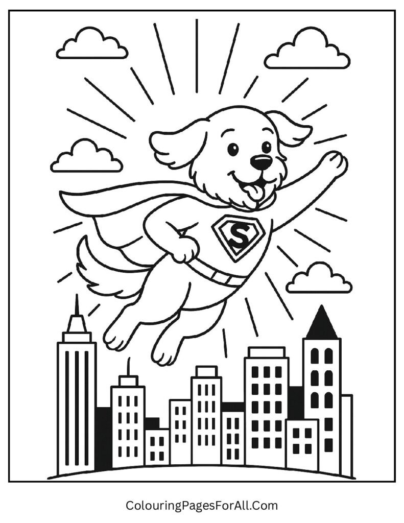 Superhero dog flying over city saving the day coloring page