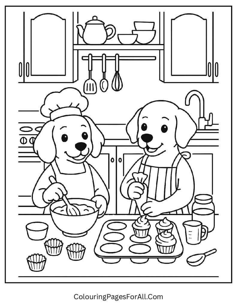 Two cute dogs baking cupcakes in cozy kitchen printable sheet