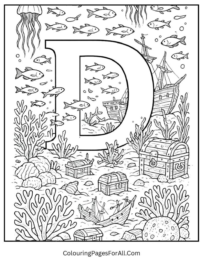 Underwater Letter D coloring sheet featuring coral reef, fish, sea creatures, treasure; ocean theme for kids (1)
