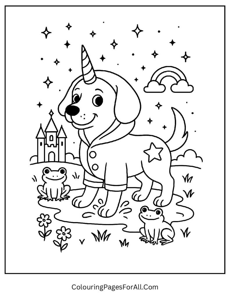Unicorn dog in a magical fantasy world for kids to color