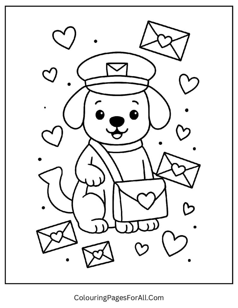 Valentine puppy delivering heart-shaped letters to friends