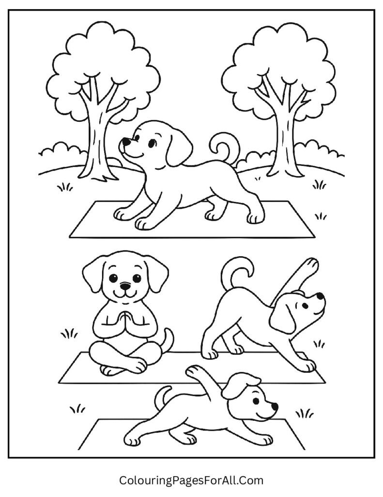 Yoga puppy doing poses on mat in peaceful nature setting