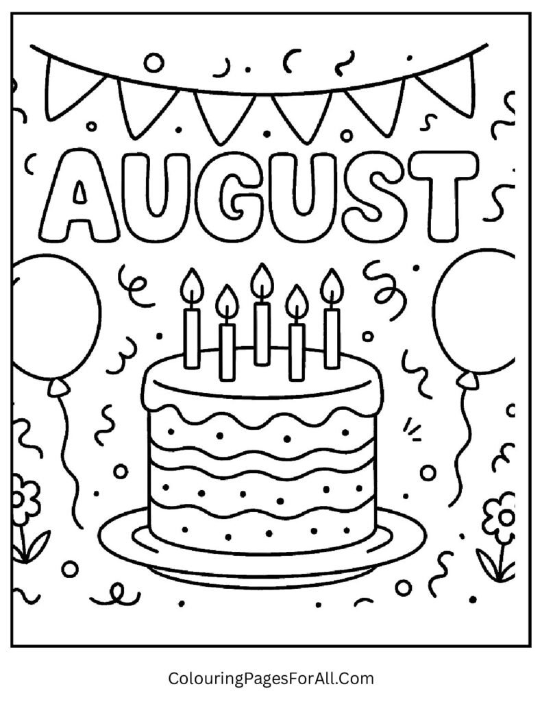 August birthday party coloring page with balloons, cake and festive decorations