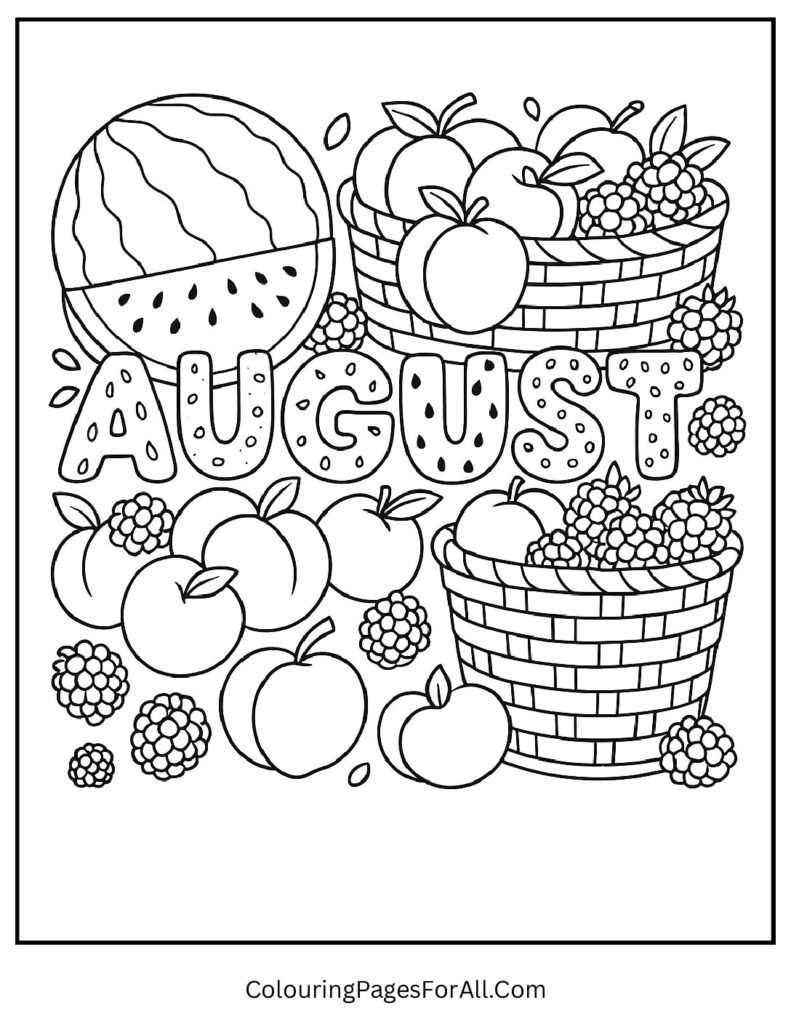 August fruit harvest basket with peaches, berries and farm themed kids coloring page