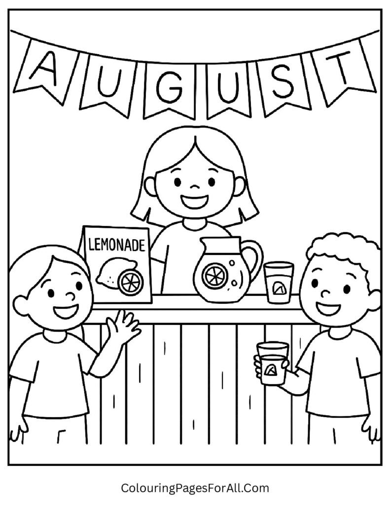 August lemonade stand coloring page with smiling kids and fresh summer drinks
