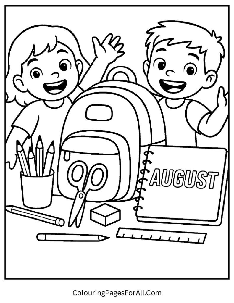 Back to school August coloring page with children, books and colorful classroom supplies