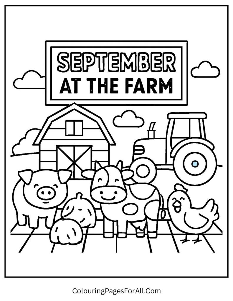 Barn, tractor, and farm animals with hay bales under September at the Farm