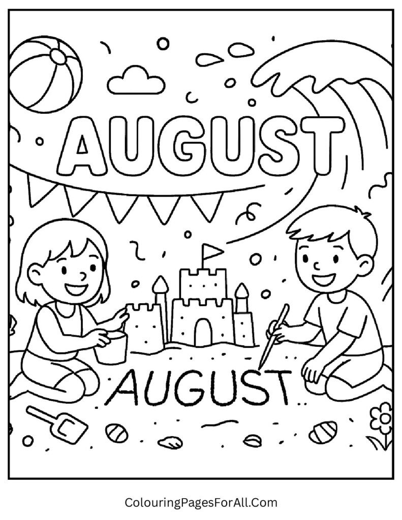 Beach coloring page with sandcastle, waves, seashells and August written in the sand