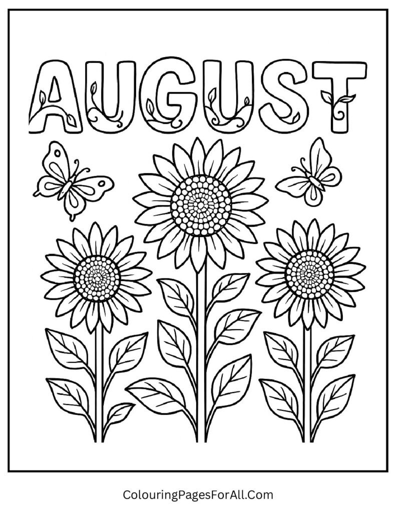 Blooming sunflower field with butterflies and August text for kids summer coloring sheet