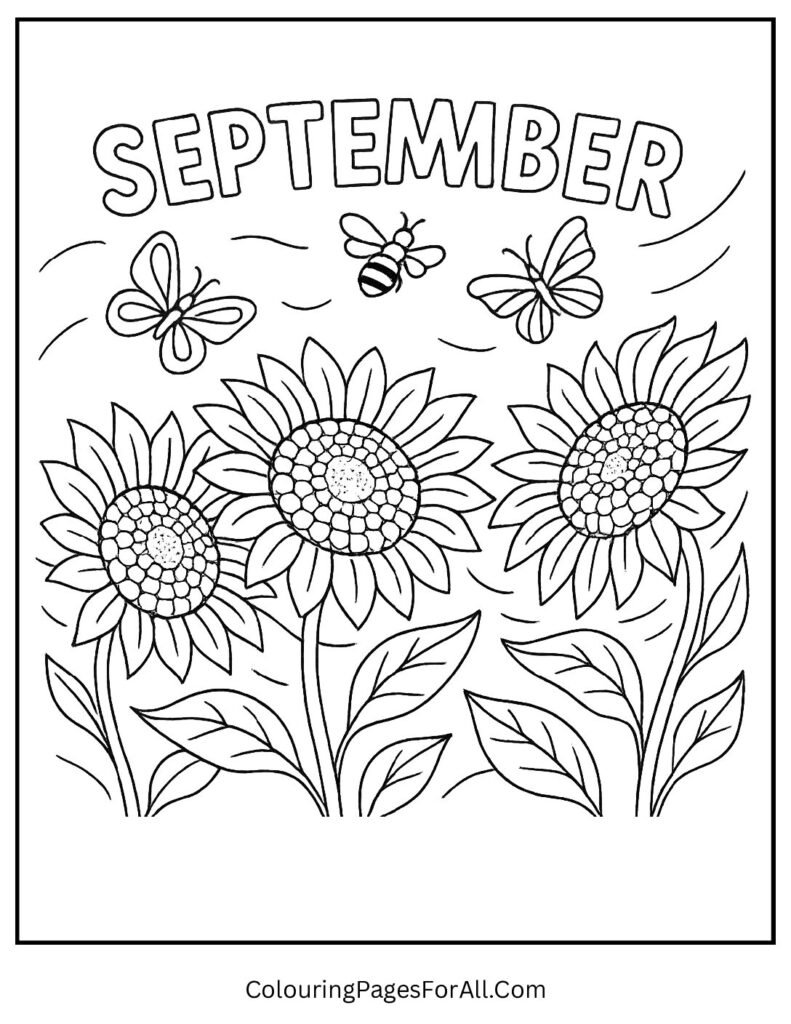 Bright sunflowers with bees, butterflies, and September across blue sky