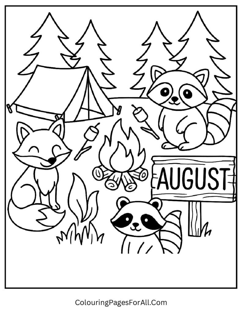 Camping in August coloring page with tents, campfire, forest and wooden August sign