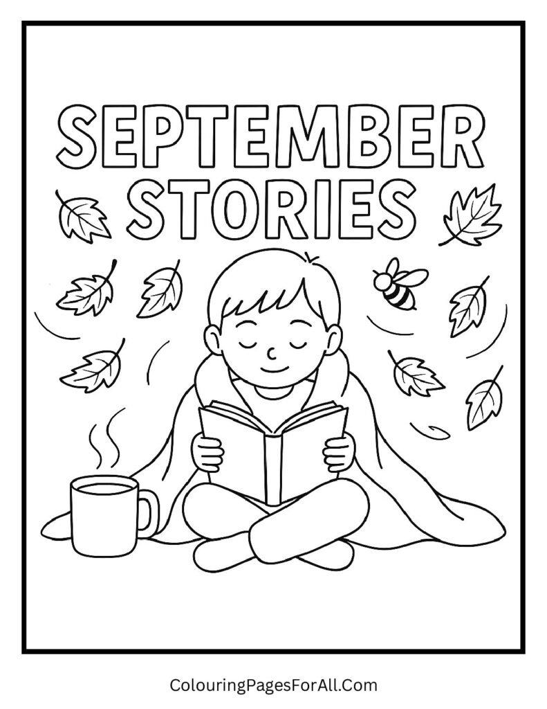 Child reading with blanket, warm drink, and September Stories sign