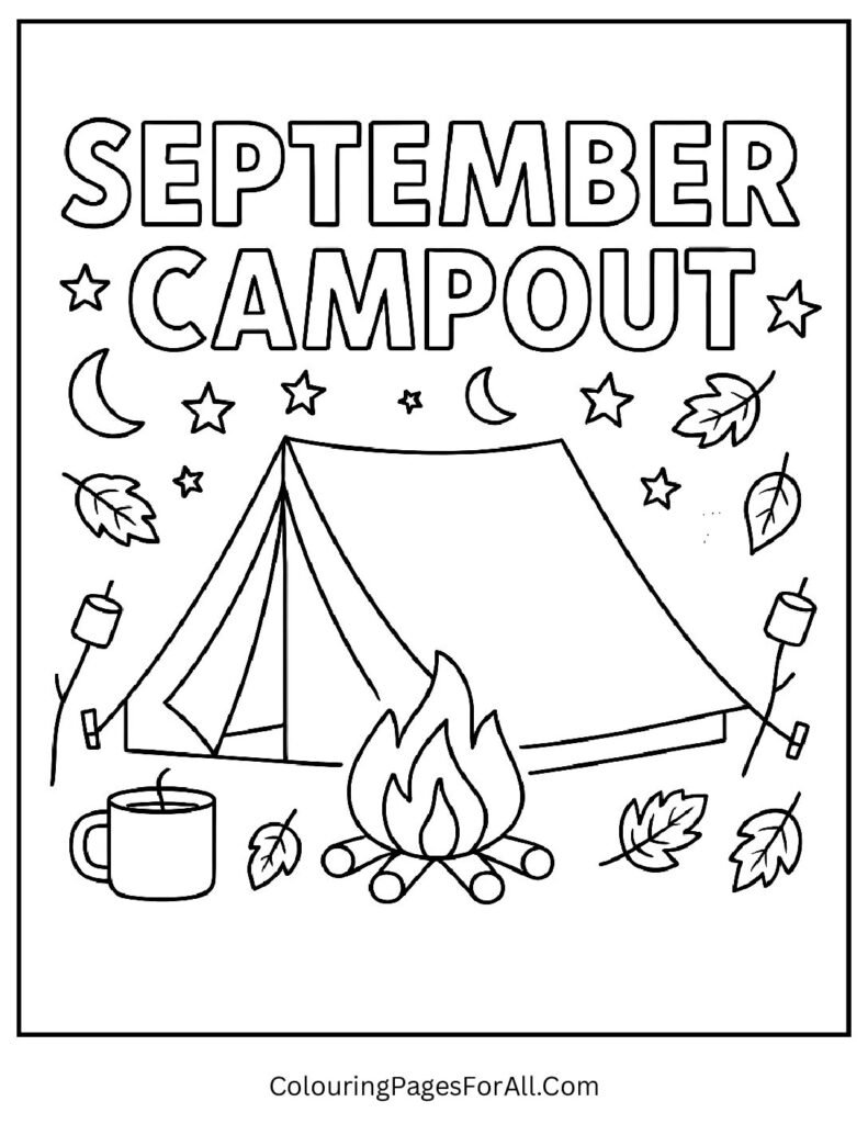 Children camping with tent, campfire, marshmallows, and September Campout