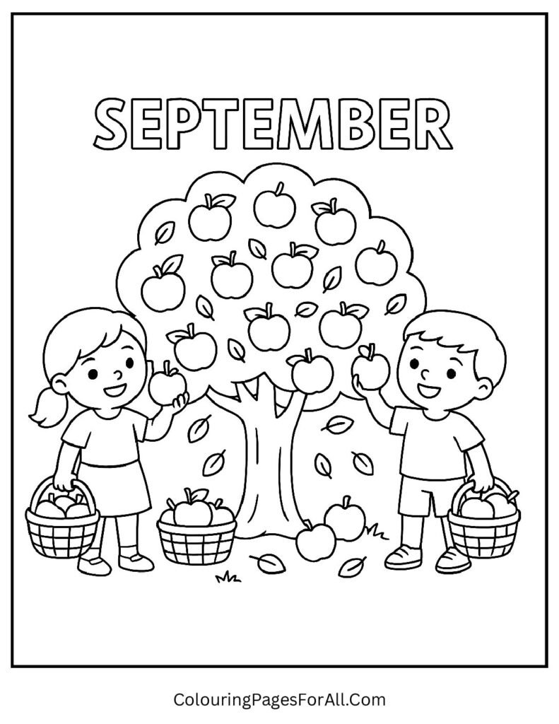 Children picking apples in an orchard with harvest baskets and September sign