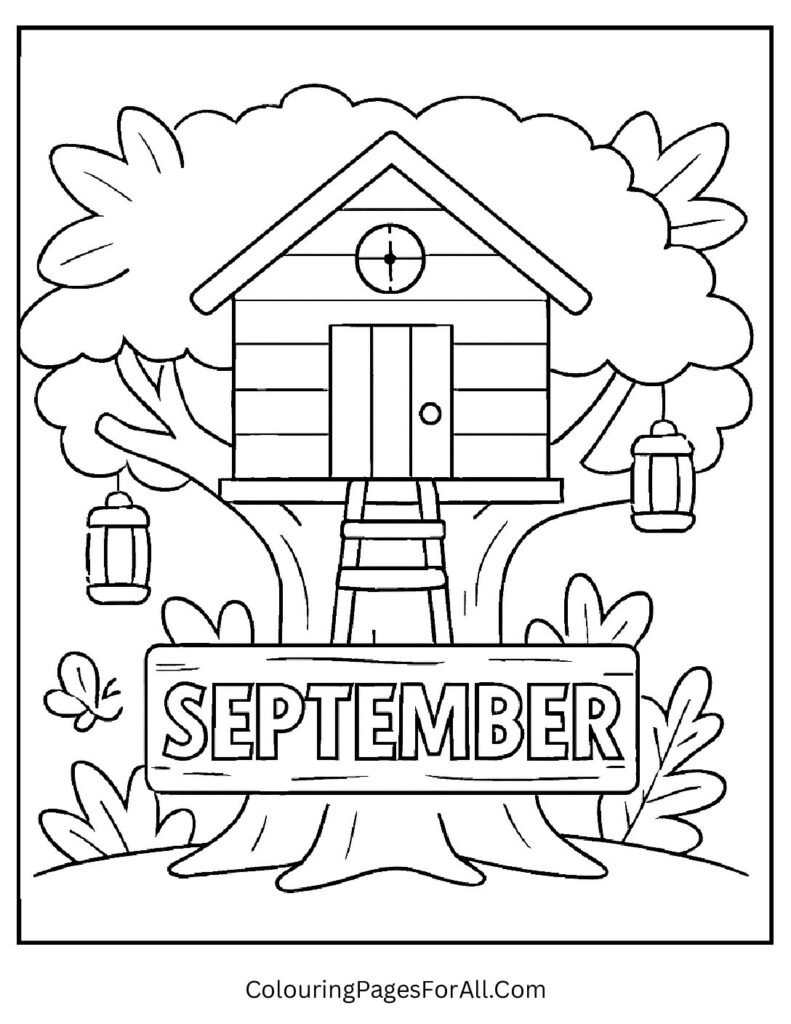 Cozy fall treehouse with lanterns, ladder, and September Adventures sign