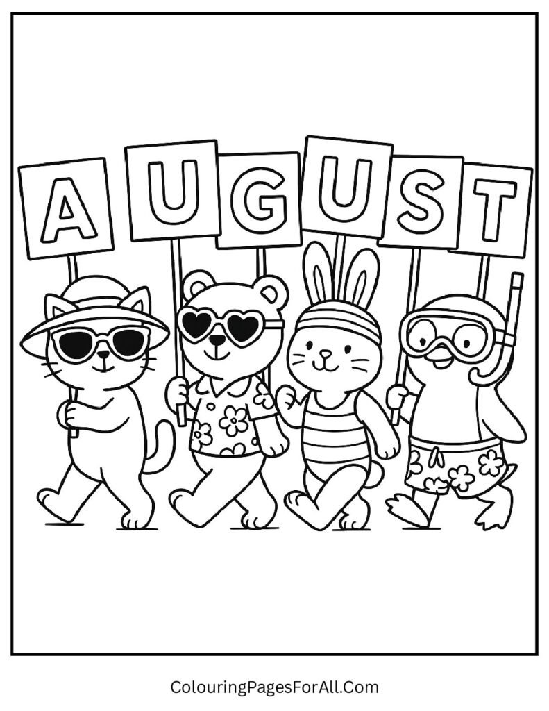Cute summer animal parade coloring page holding banners spelling August (1)