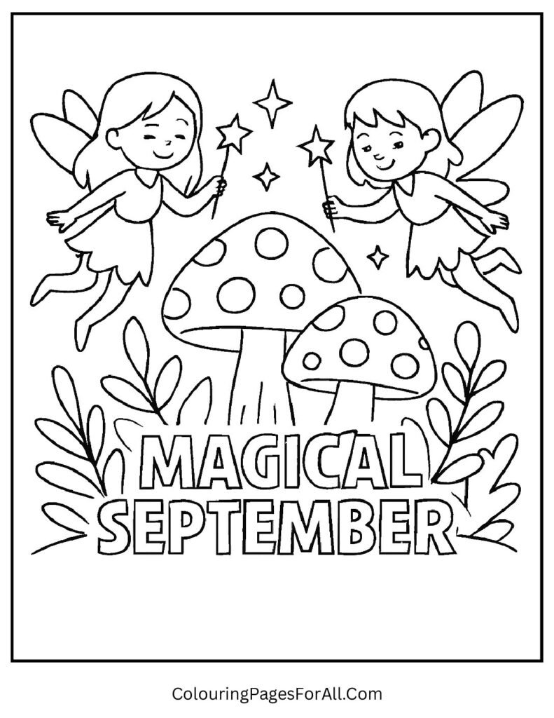 Fairies among mushrooms and sparkling flowers under Magical September
