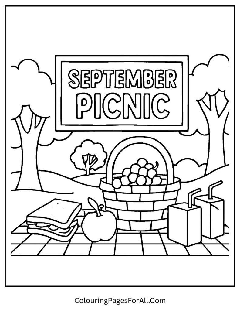 Family picnic with kids, fruits, and blanket under September Picnic banner