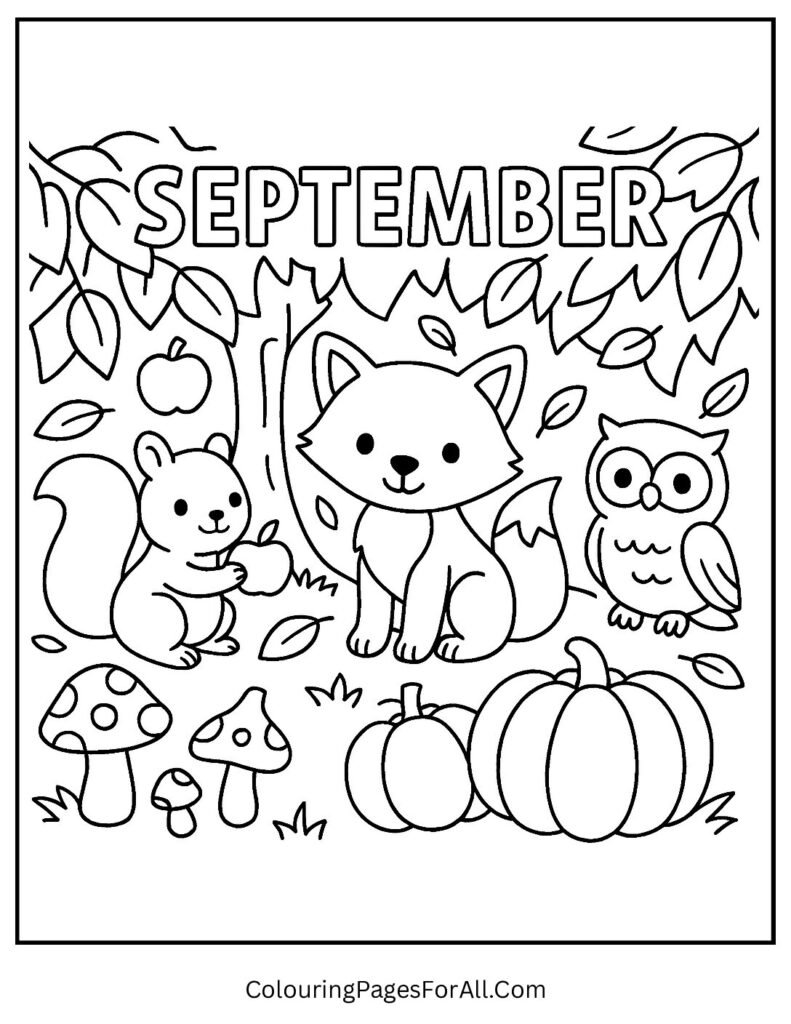 Fox, owl, and squirrel among fall leaves and mushrooms under September header