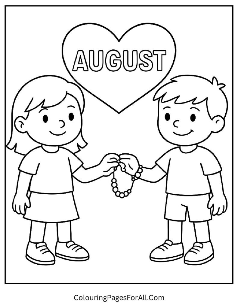 Friendship day coloring page with kids holding hands and August on a heart