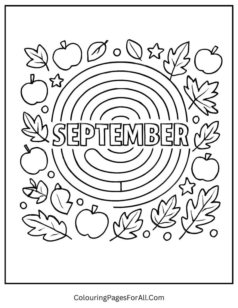 Fun maze with leaves, apples, and September at the center of a doodle border