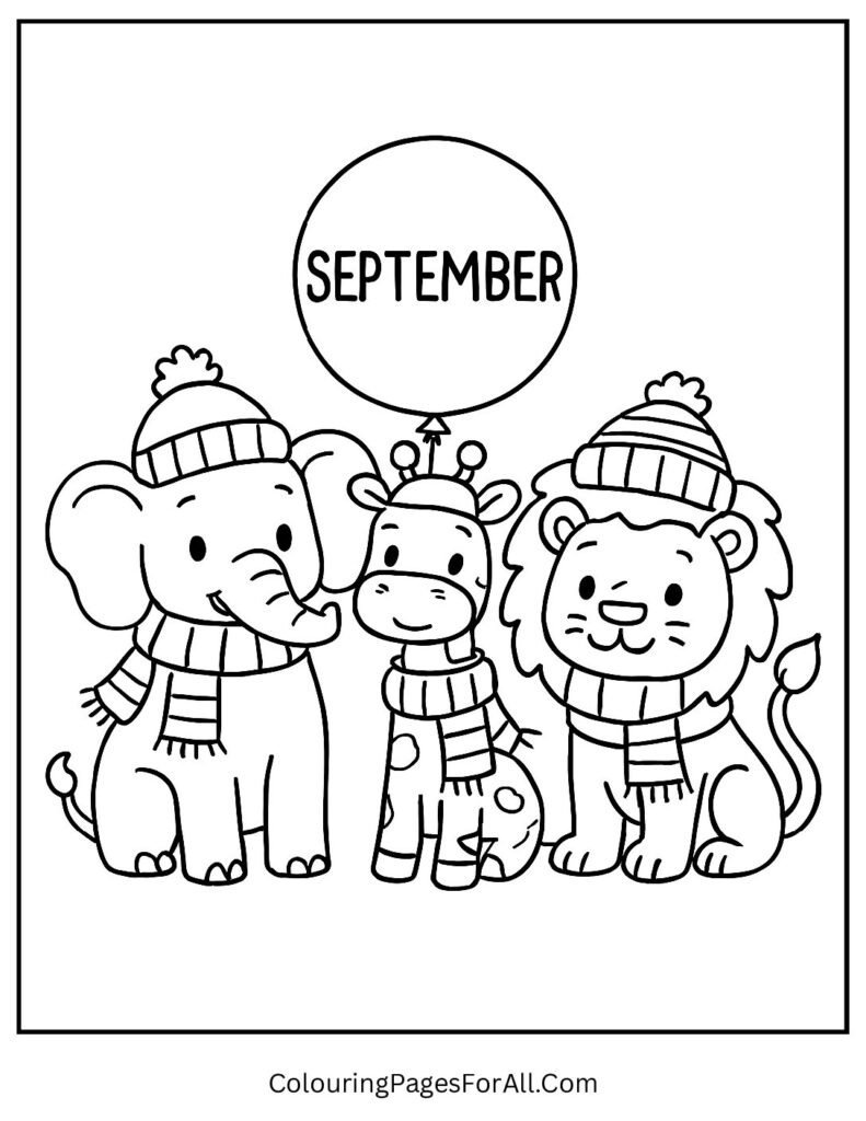 Giraffe, lion, and elephant holding balloons spelling September in a parade