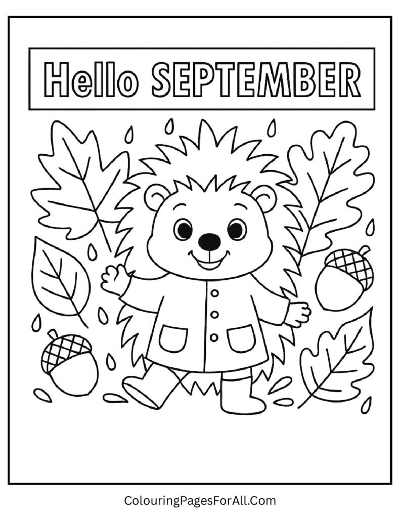 Happy hedgehog surrounded by colorful leaves and Hello September title