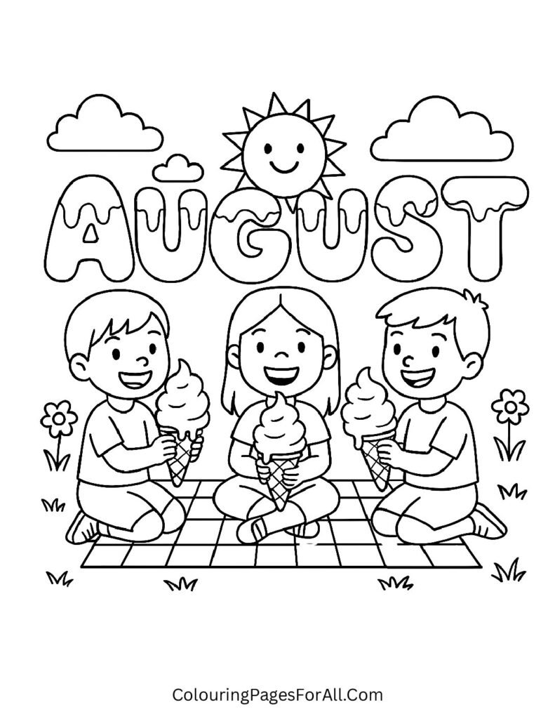 Kids at summer picnic coloring page with ice cream cones and the word August in fun letters