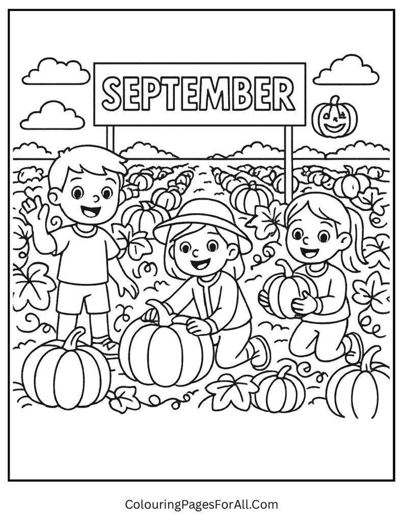 Kids choosing pumpkins in a patch with haystacks and September sign