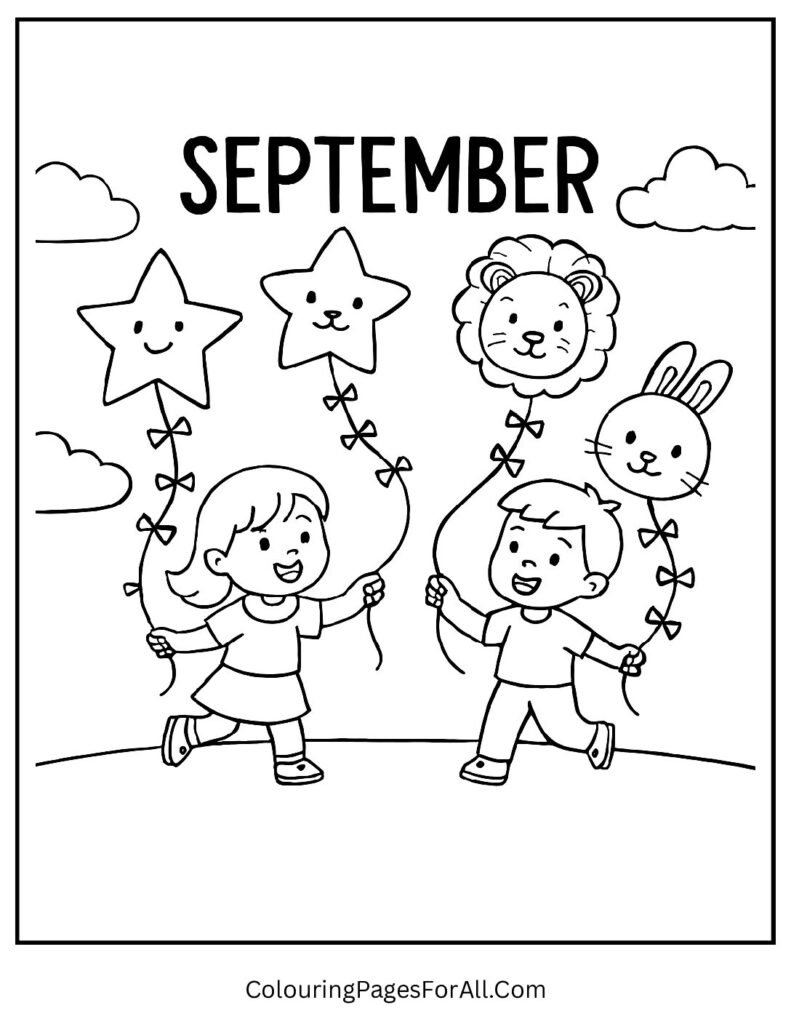 Kids flying kites shaped like stars and animals shape with September across the sky