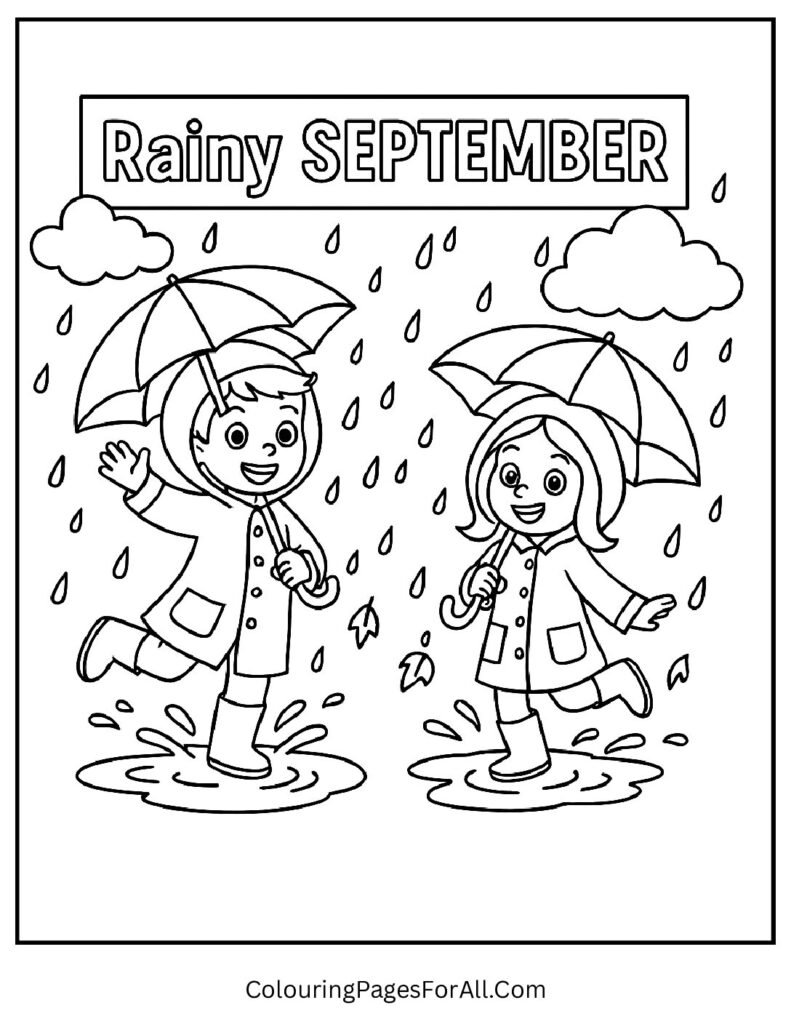 Kids playing in puddles with umbrellas under rainy September sky